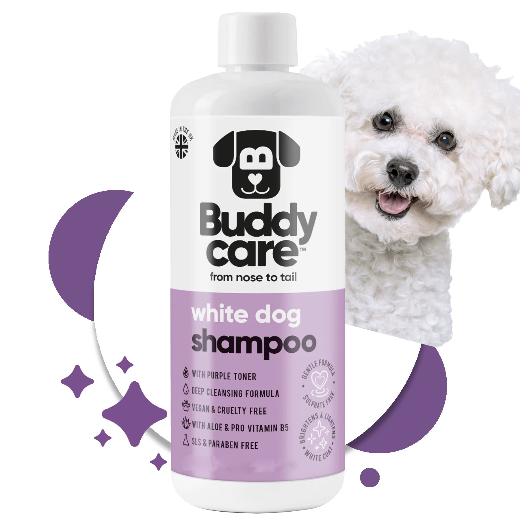 White Dog Shampoo - Buddycare - 300ml Vegan ph Balanced